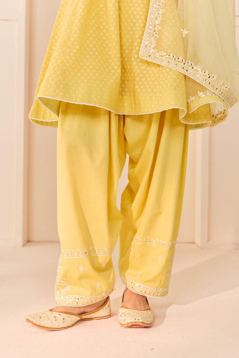 NIDA - LEMON YELLOW SHORT CHOGA WITH FARSHI SALWAR chanderi silk kurta/kurta set by SHEETAL BATRA in lemon yellow with mint green for women Worldwide