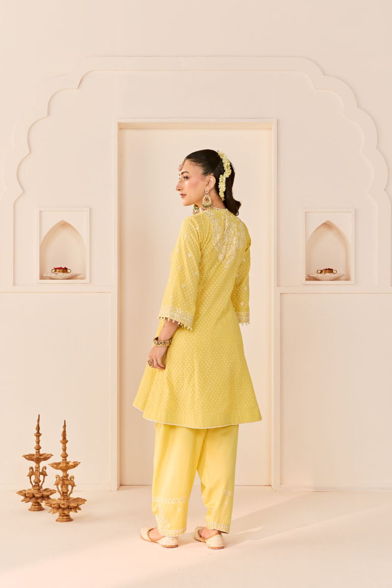 NIDA - LEMON YELLOW SHORT CHOGA WITH FARSHI SALWAR chanderi silk kurta/kurta set by SHEETAL BATRA in lemon yellow with mint green for women Worldwide