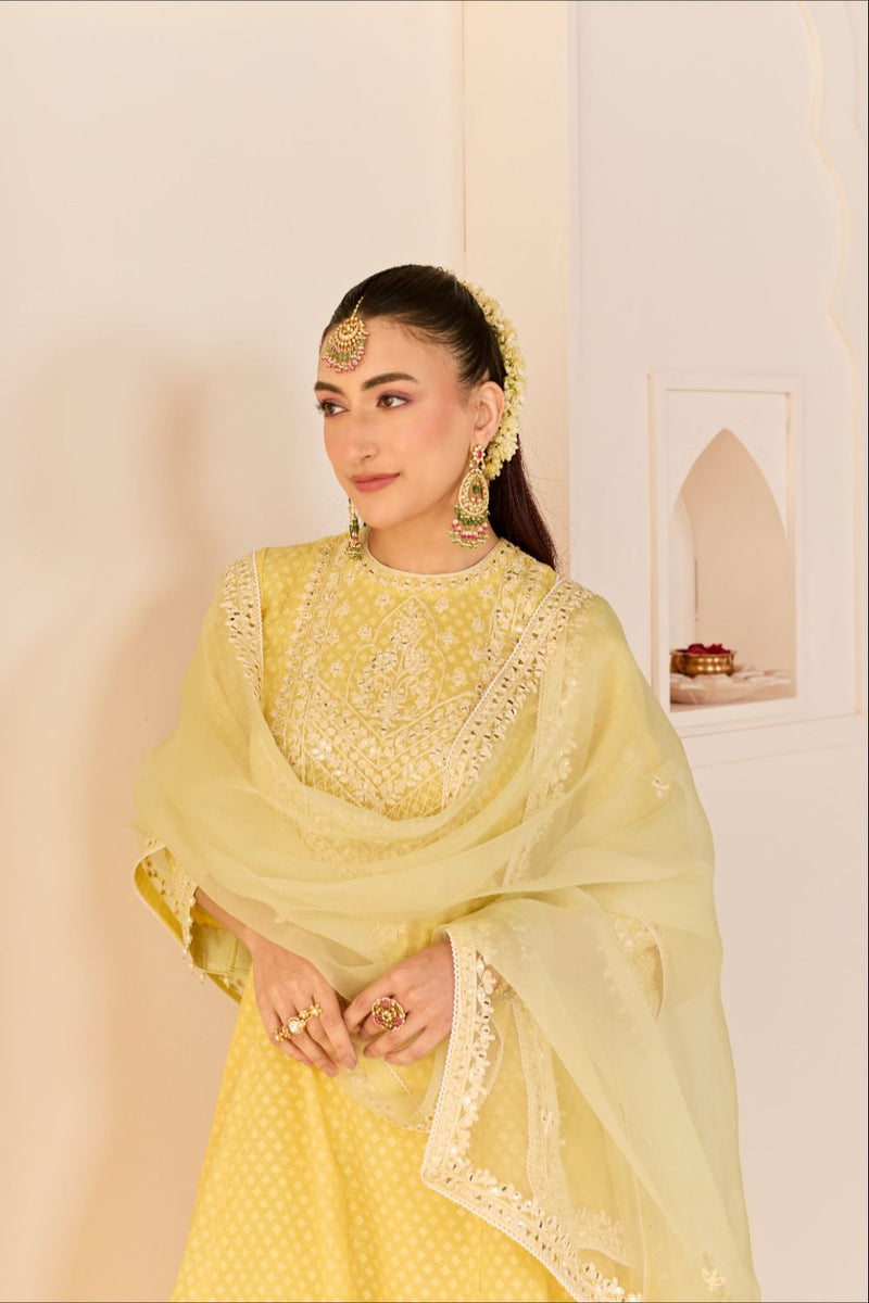 NIDA - LEMON YELLOW SHORT CHOGA WITH FARSHI SALWAR chanderi silk kurta/kurta set by SHEETAL BATRA in lemon yellow with mint green for women Worldwide