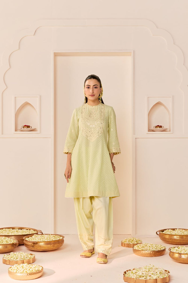 NIDA - MINT GREEN SHORT CHOGA WITH FARSHI SALWAR chanderi silk kurta/kurta set by SHEETAL BATRA in mint green with lemon yellow for women Worldwide