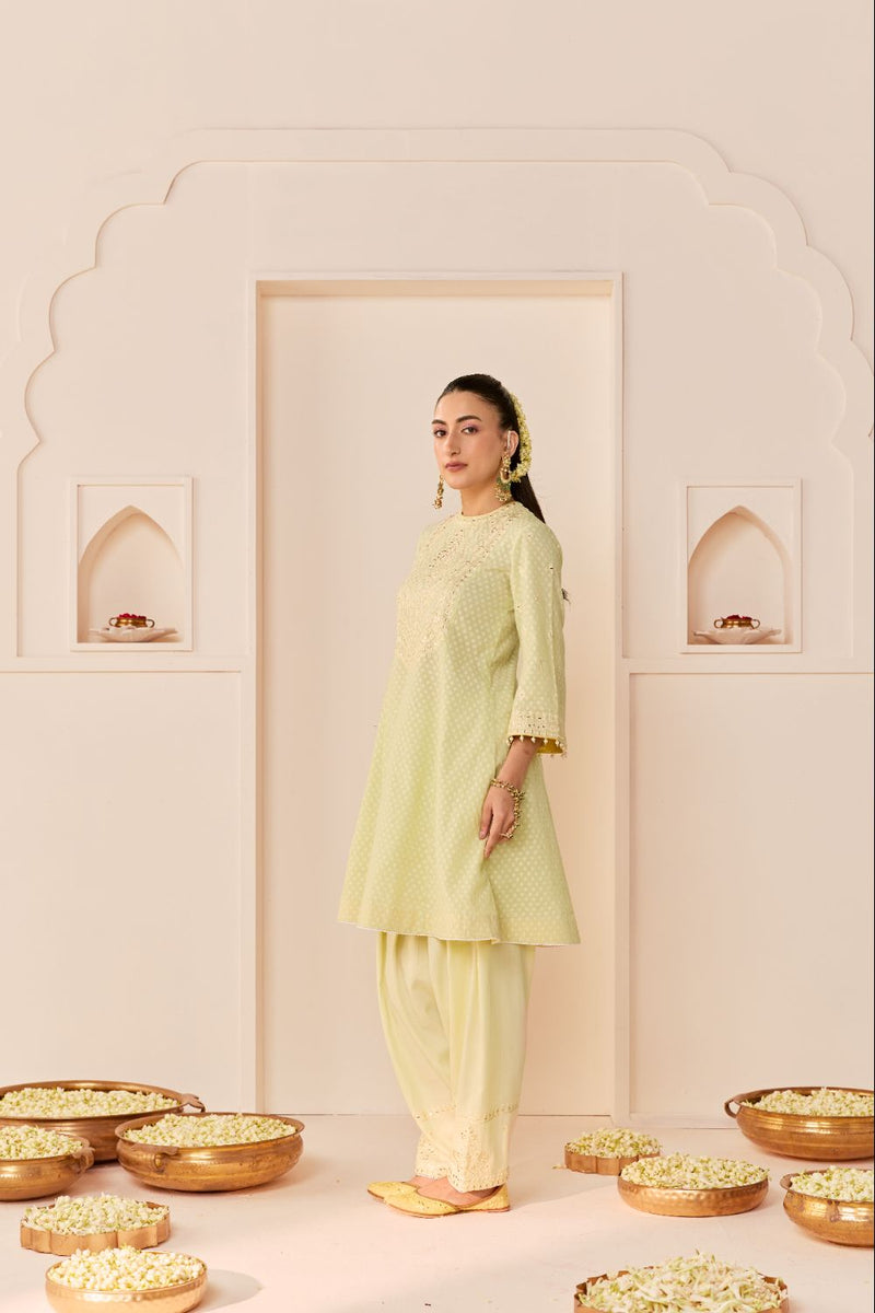 NIDA - MINT GREEN SHORT CHOGA WITH FARSHI SALWAR chanderi silk kurta/kurta set by SHEETAL BATRA in mint green with lemon yellow for women Worldwide