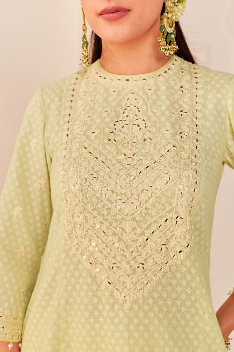 NIDA - MINT GREEN SHORT CHOGA WITH FARSHI SALWAR chanderi silk kurta/kurta set by SHEETAL BATRA in mint green with lemon yellow for women Worldwide