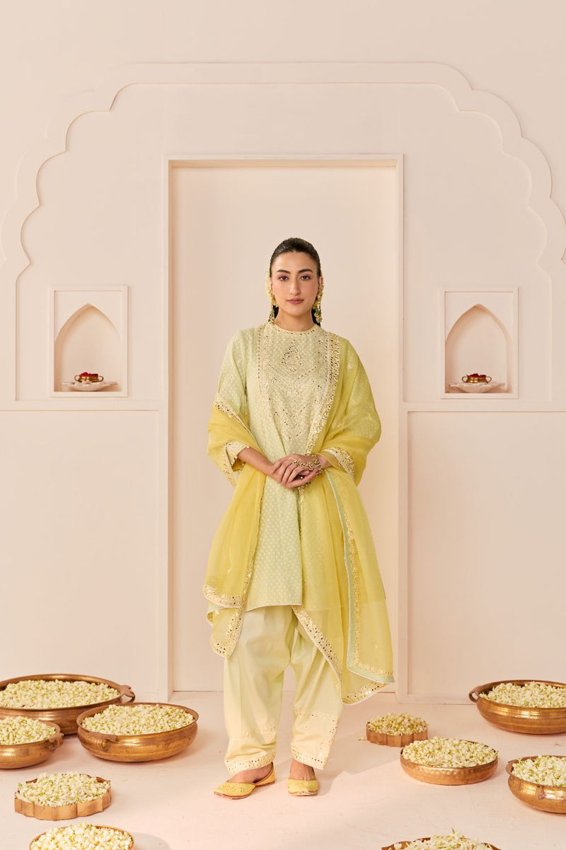 NIDA - MINT GREEN SHORT CHOGA WITH FARSHI SALWAR chanderi silk kurta/kurta set by SHEETAL BATRA in mint green with lemon yellow for women Worldwide