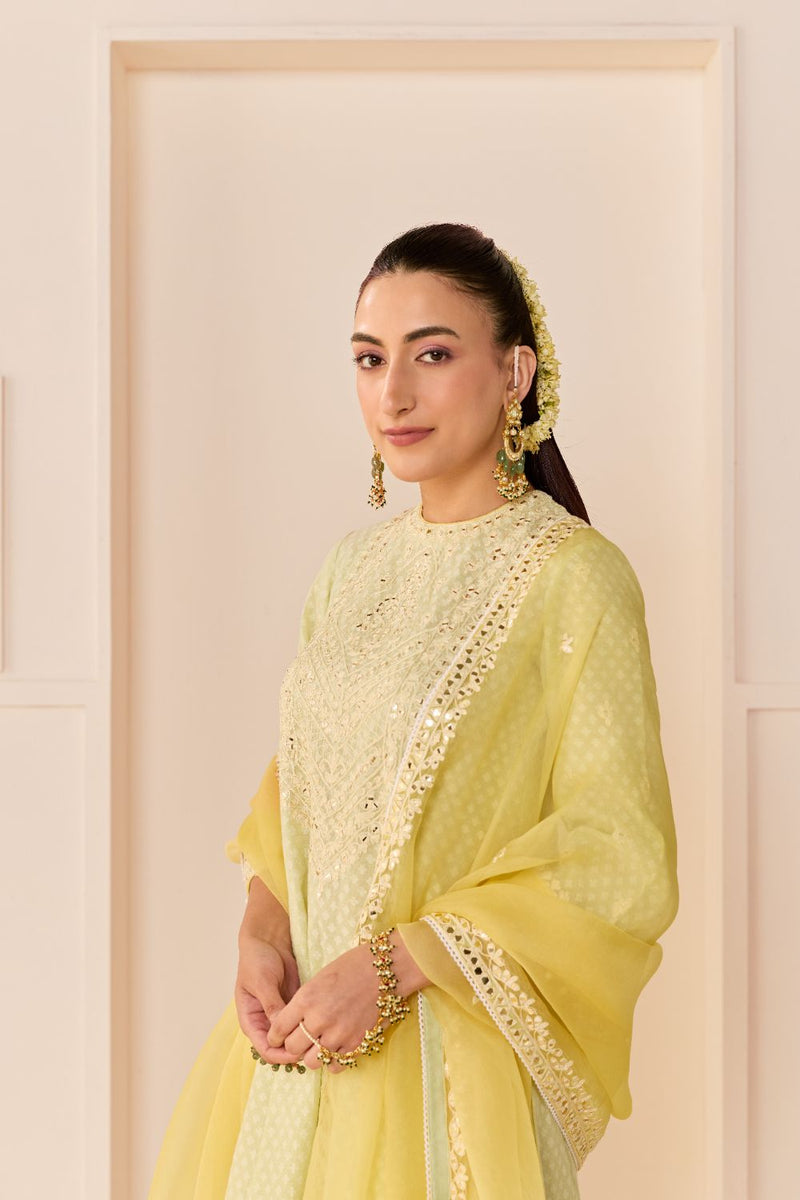 NIDA - MINT GREEN SHORT CHOGA WITH FARSHI SALWAR chanderi silk kurta/kurta set by SHEETAL BATRA in mint green with lemon yellow for women Worldwide