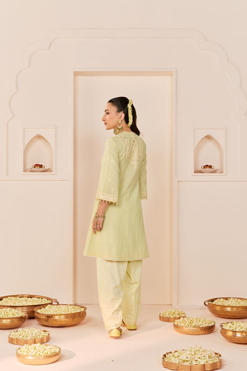 NIDA - MINT GREEN SHORT CHOGA WITH FARSHI SALWAR chanderi silk kurta/kurta set by SHEETAL BATRA in mint green with lemon yellow for women Worldwide