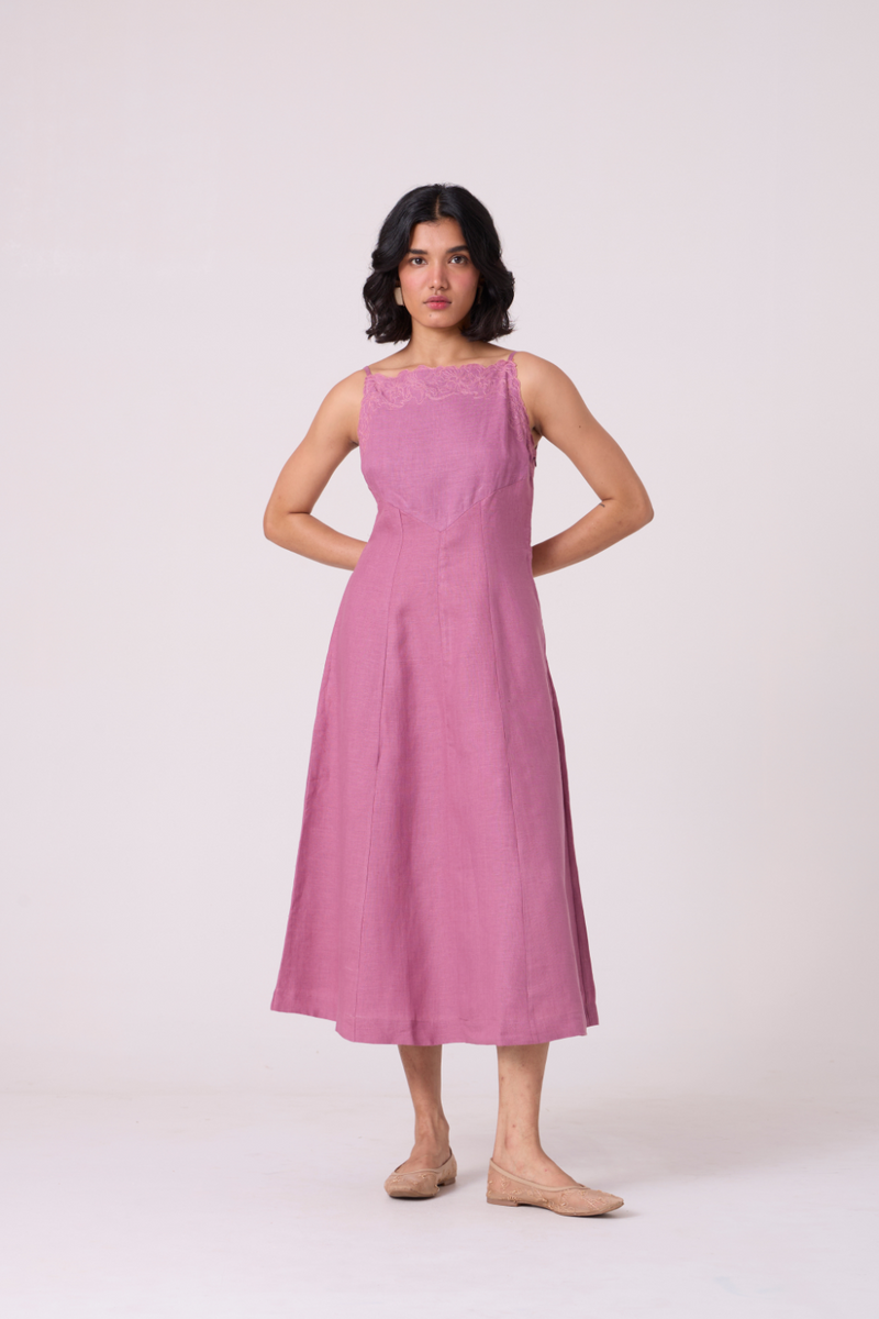 Nimal Lilac Embroidered Dress all linen by The Summer House for women Worldwide