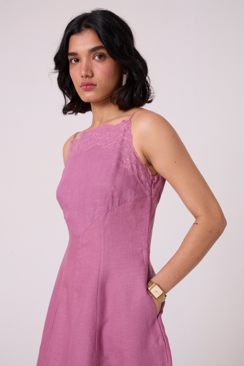 Nimal Lilac Embroidered Dress all linen by The Summer House for women Worldwide