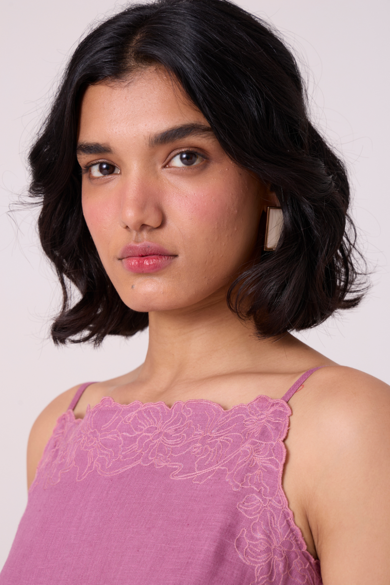 Nimal Lilac Embroidered Dress all linen by The Summer House for women Worldwide