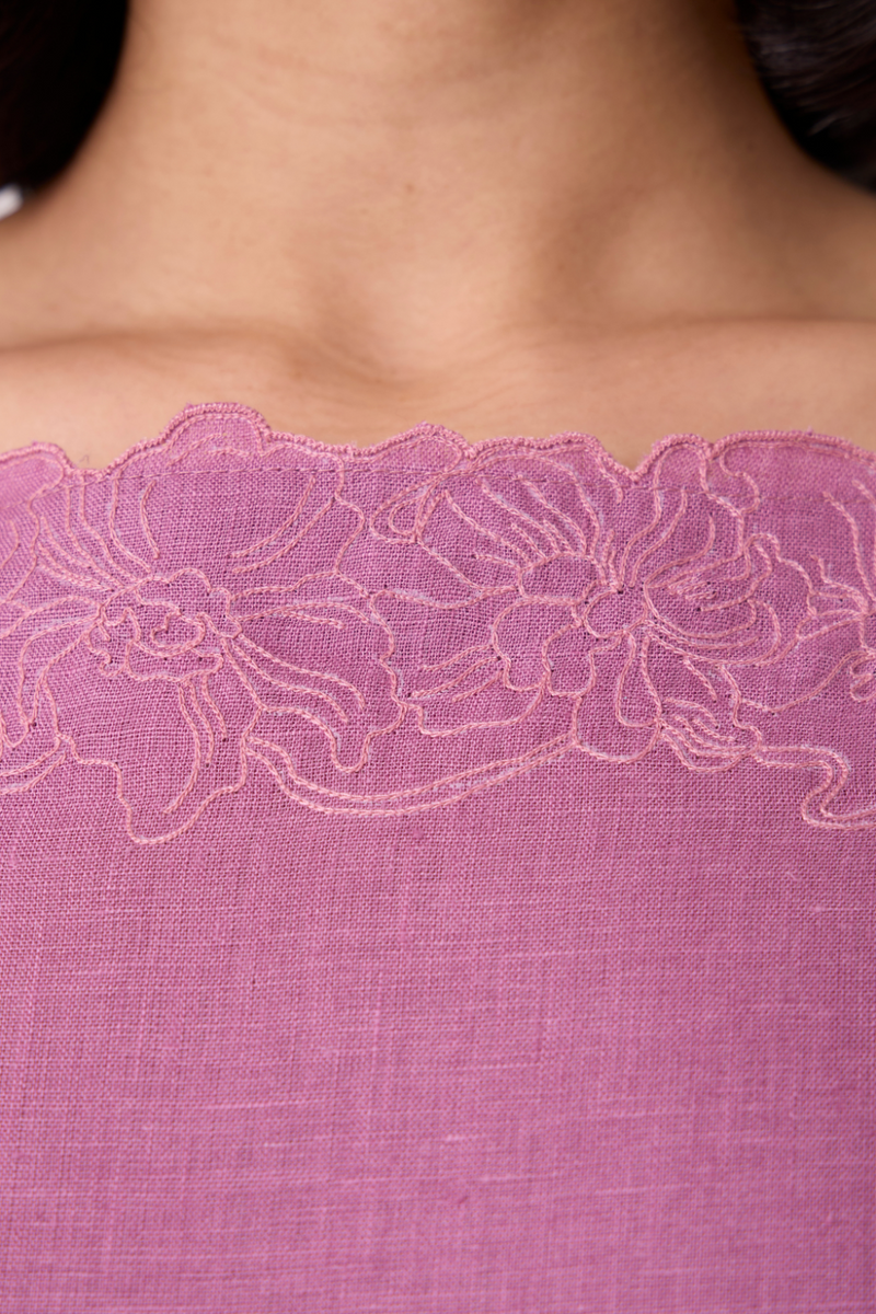 Nimal Lilac Embroidered Dress all linen by The Summer House for women Worldwide