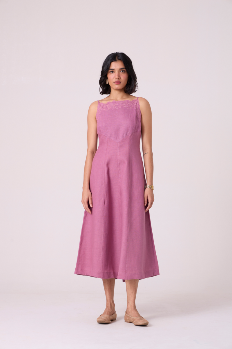 Nimal Lilac Embroidered Dress all linen by The Summer House for women Worldwide