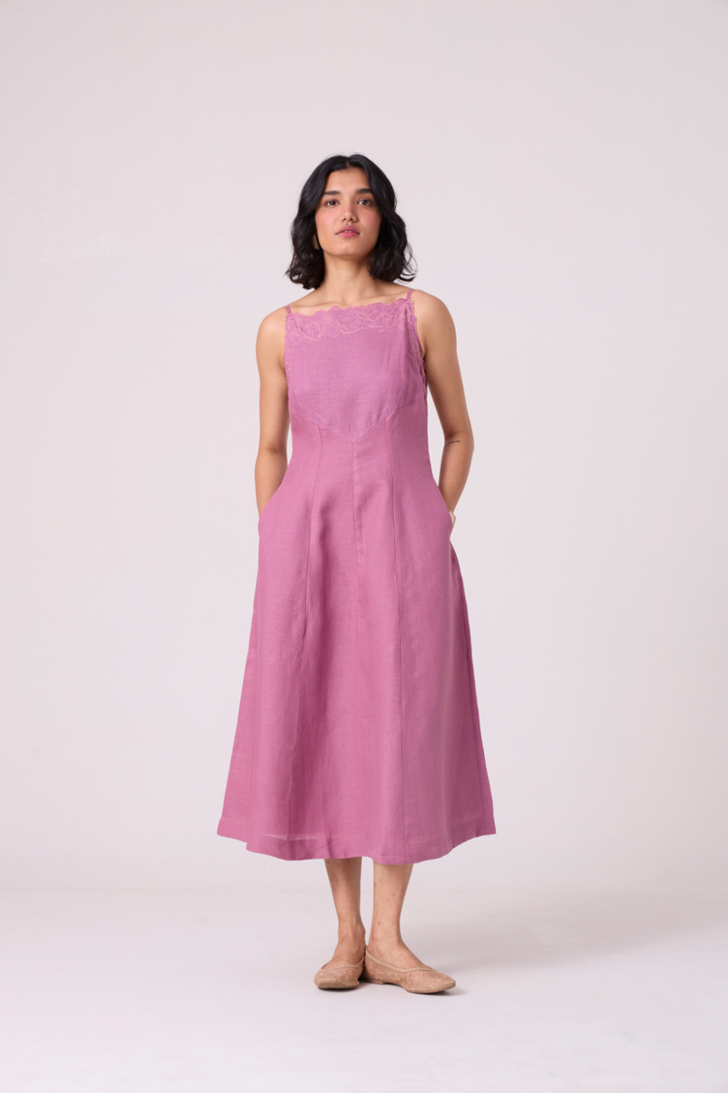 Nimal Lilac Embroidered Dress all linen by The Summer House for women Worldwide