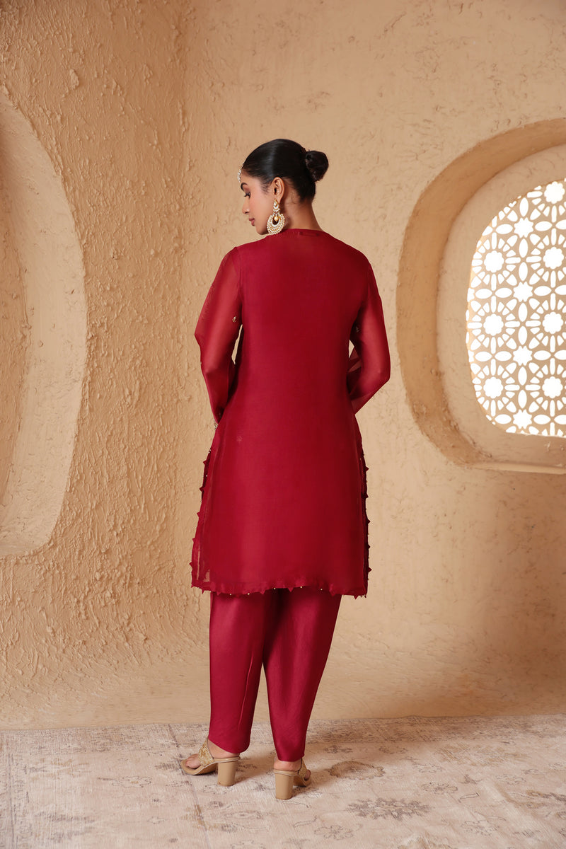 Zar-Rang Maroon Short Kurta Set organza, silk tencel kurta/kurta set by Niti Bothra in maroon for women Worldwide
