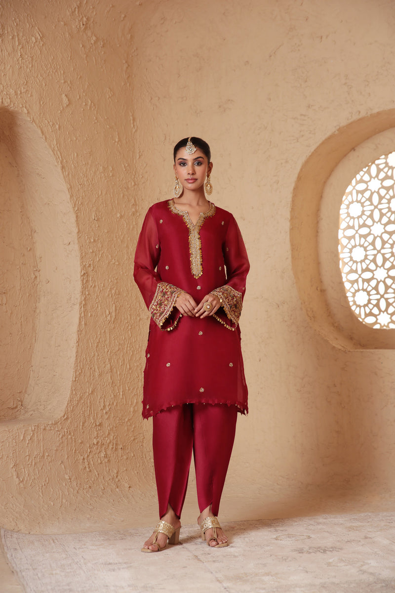 Zar-Rang Maroon Short Kurta Set organza, silk tencel kurta/kurta set by Niti Bothra in maroon for women Worldwide