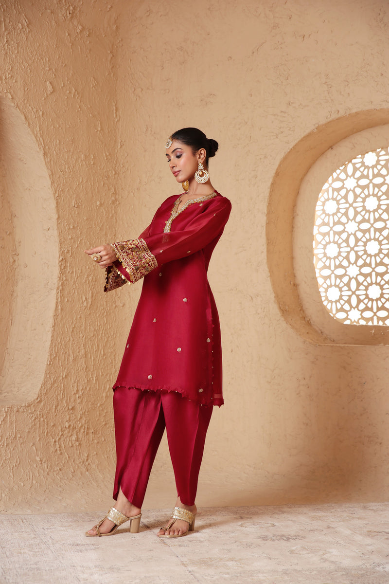 Zar-Rang Maroon Short Kurta Set organza, silk tencel kurta/kurta set by Niti Bothra in maroon for women Worldwide