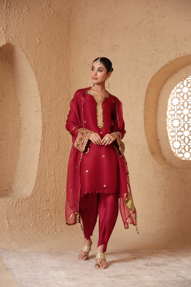 Zar-Rang Maroon Short Kurta Set organza, silk tencel kurta/kurta set by Niti Bothra in maroon for women Worldwide