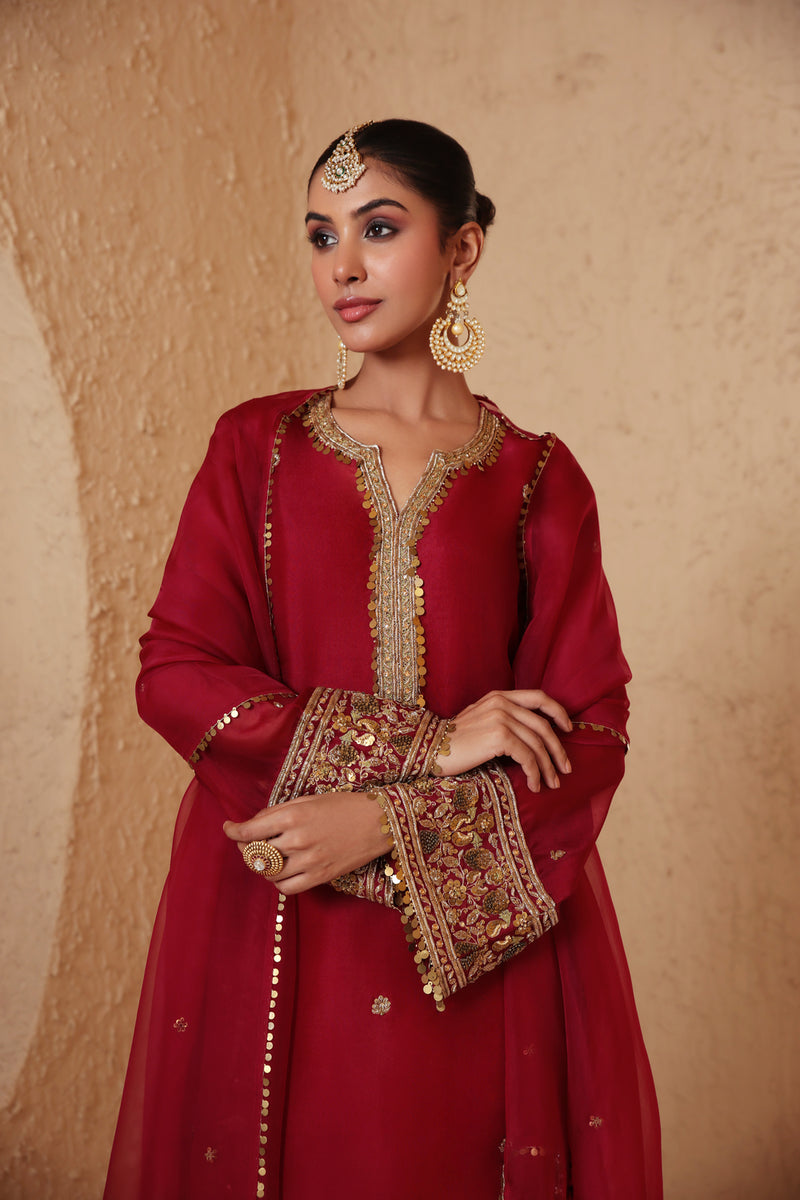 Zar-Rang Maroon Short Kurta Set organza, silk tencel kurta/kurta set by Niti Bothra in maroon for women Worldwide