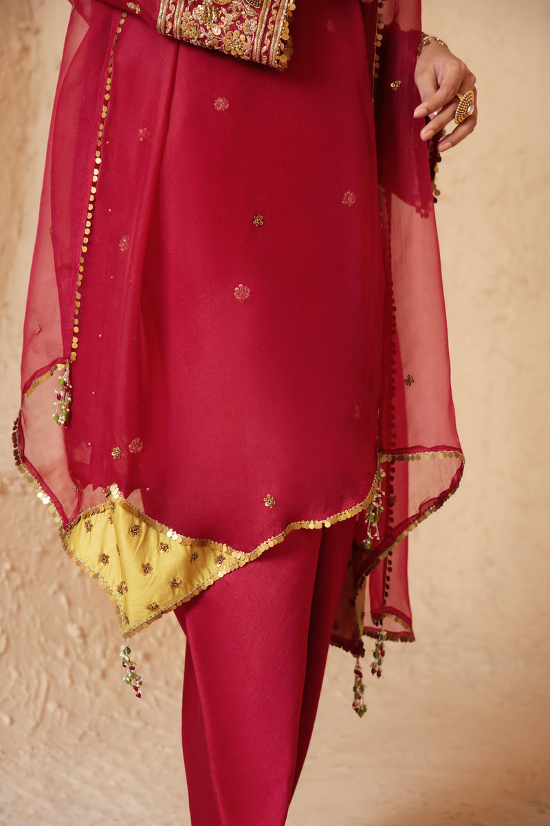Zar-Rang Maroon Short Kurta Set organza, silk tencel kurta/kurta set by Niti Bothra in maroon for women Worldwide