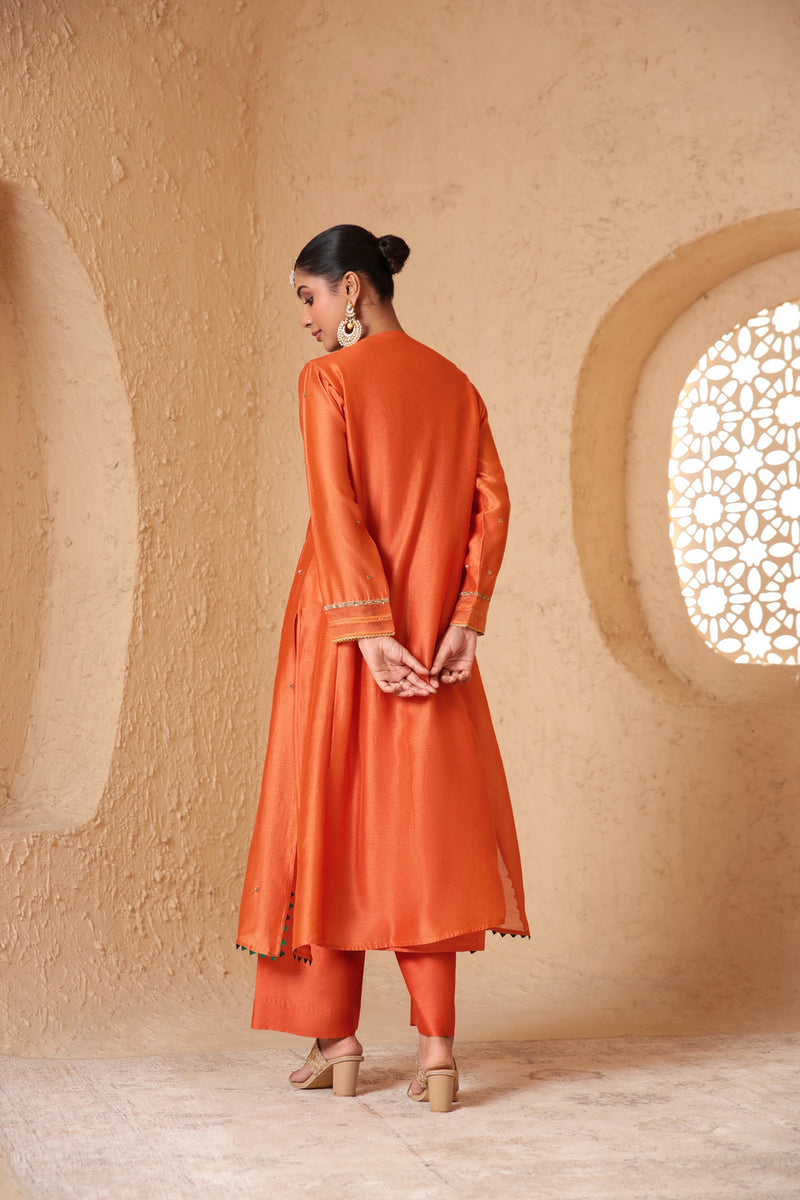 Mehrang Orange Frockstyle Kurta Set silk chanderi , silk tencel kurta/kurta set by Niti Bothra in orange for women Worldwide