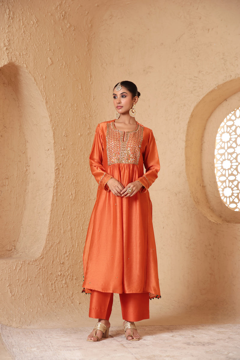 Mehrang Orange Frockstyle Kurta Set silk chanderi , silk tencel kurta/kurta set by Niti Bothra in orange for women Worldwide
