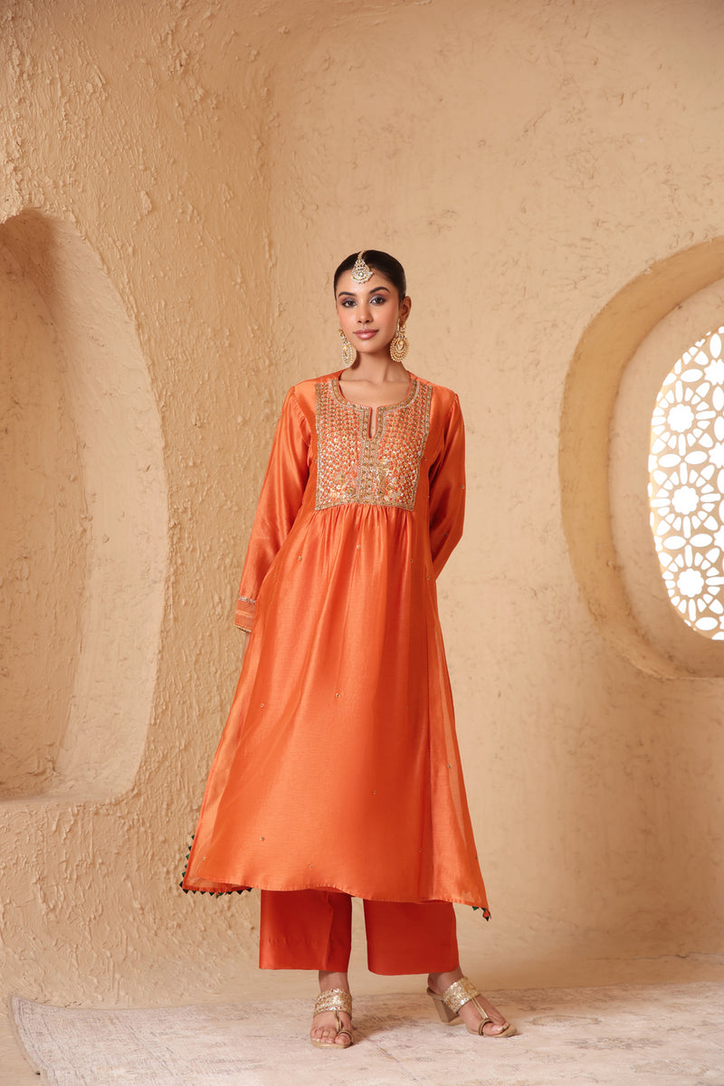 Mehrang Orange Frockstyle Kurta Set silk chanderi , silk tencel kurta/kurta set by Niti Bothra in orange for women Worldwide