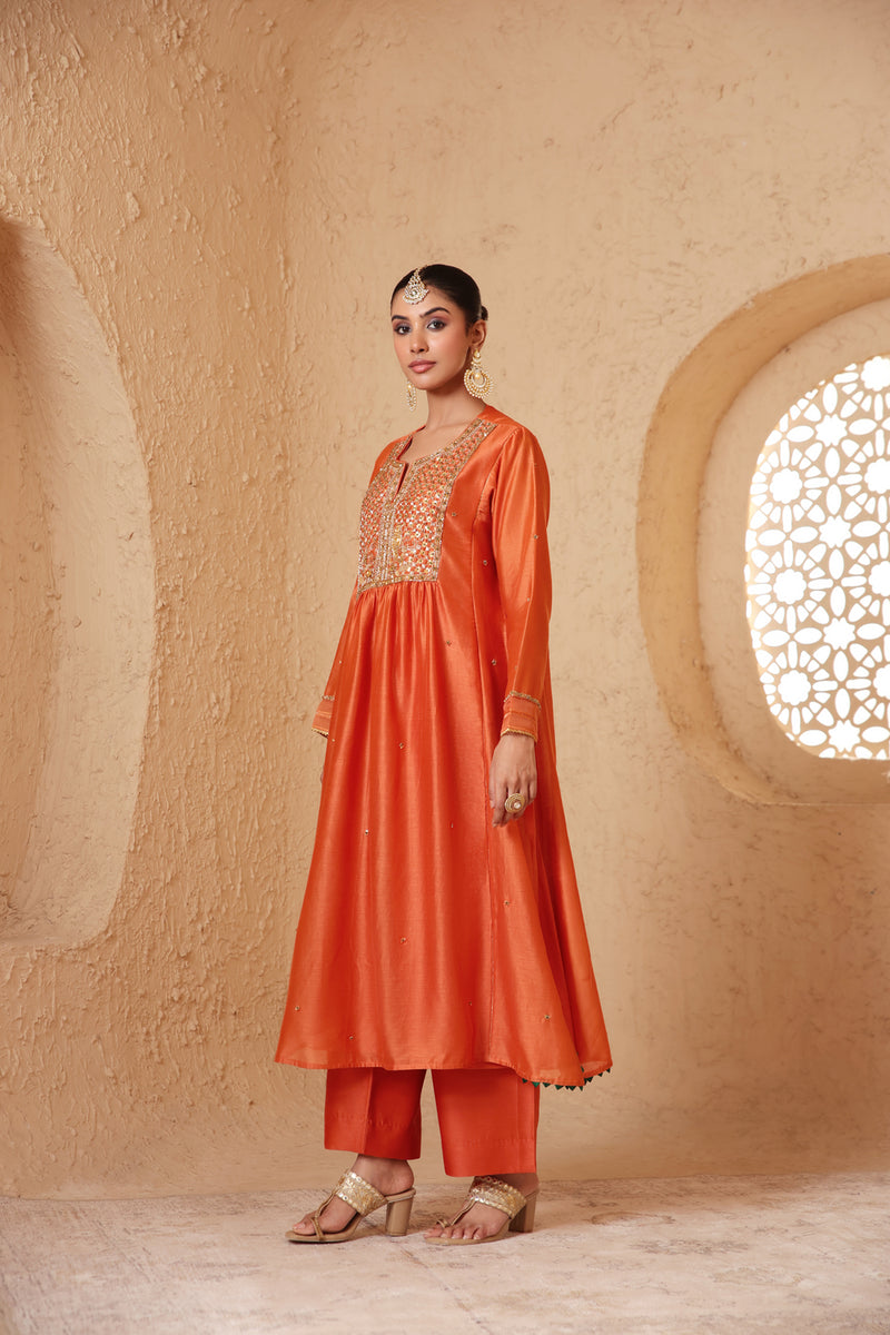 Mehrang Orange Frockstyle Kurta Set silk chanderi , silk tencel kurta/kurta set by Niti Bothra in orange for women Worldwide