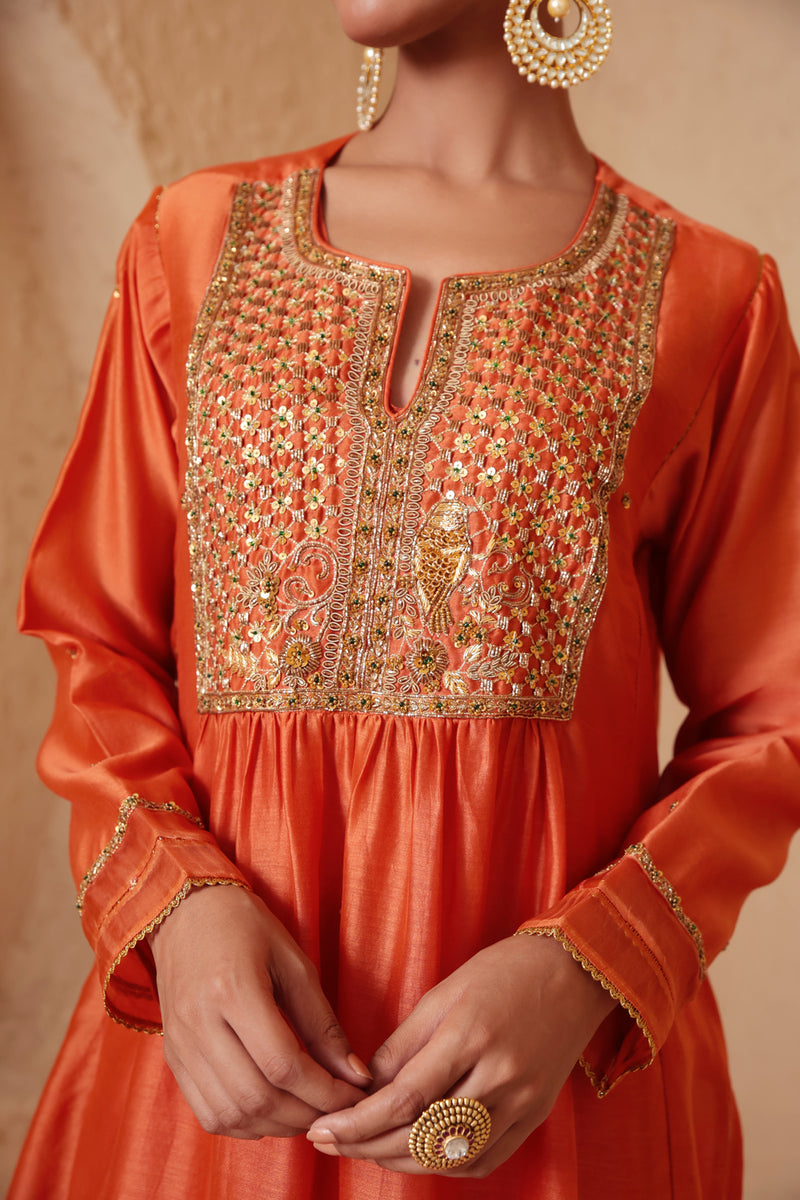 Mehrang Orange Frockstyle Kurta Set silk chanderi , silk tencel kurta/kurta set by Niti Bothra in orange for women Worldwide