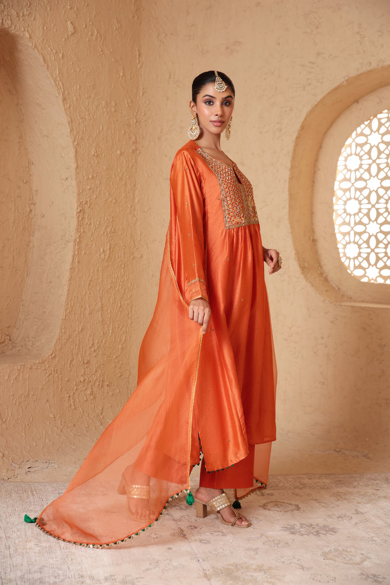 Mehrang Orange Frockstyle Kurta Set silk chanderi , silk tencel kurta/kurta set by Niti Bothra in orange for women Worldwide