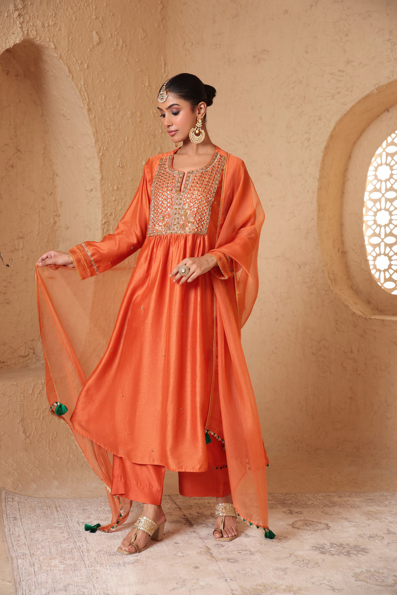 Mehrang Orange Frockstyle Kurta Set silk chanderi , silk tencel kurta/kurta set by Niti Bothra in orange for women Worldwide
