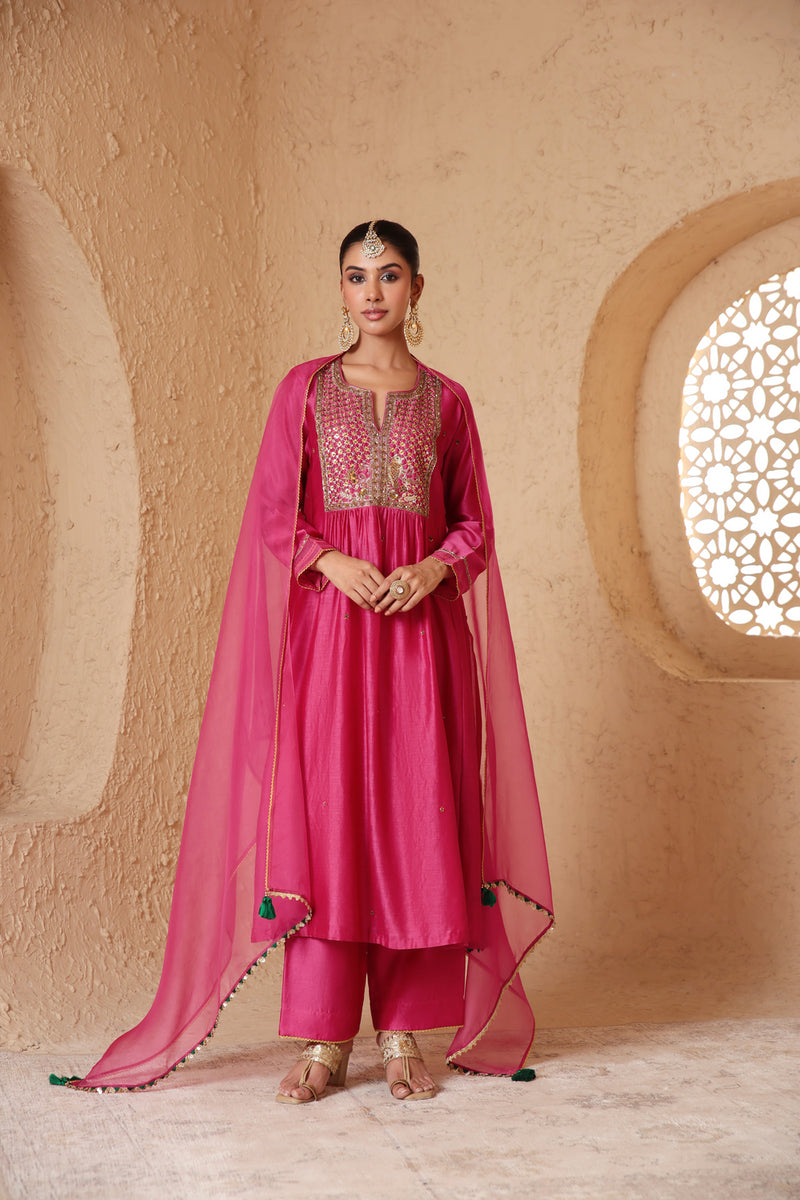 Mehrang Pink Frockstyle Kurta Set silk chanderi , silk tencel kurta/kurta set by Niti Bothra in pink for women Worldwide