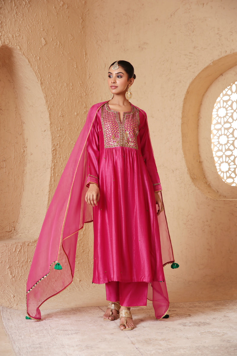 Mehrang Pink Frockstyle Kurta Set silk chanderi , silk tencel kurta/kurta set by Niti Bothra in pink for women Worldwide