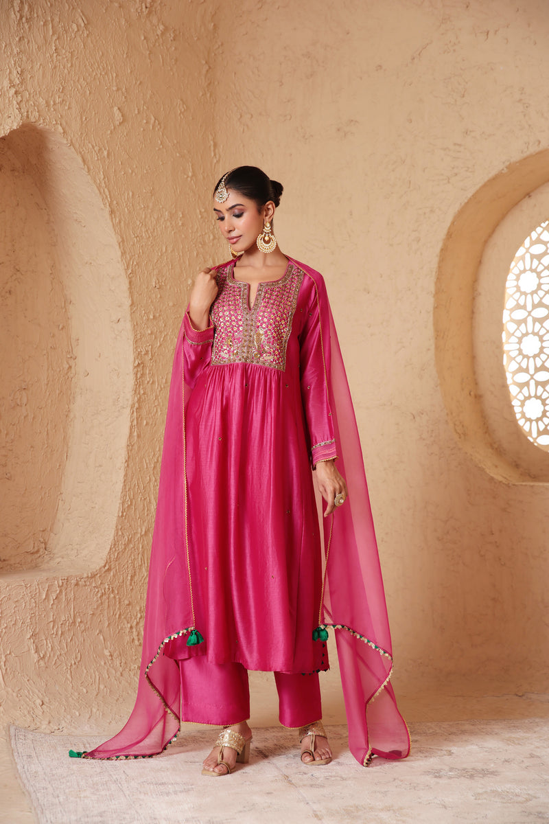 Mehrang Pink Frockstyle Kurta Set silk chanderi , silk tencel kurta/kurta set by Niti Bothra in pink for women Worldwide