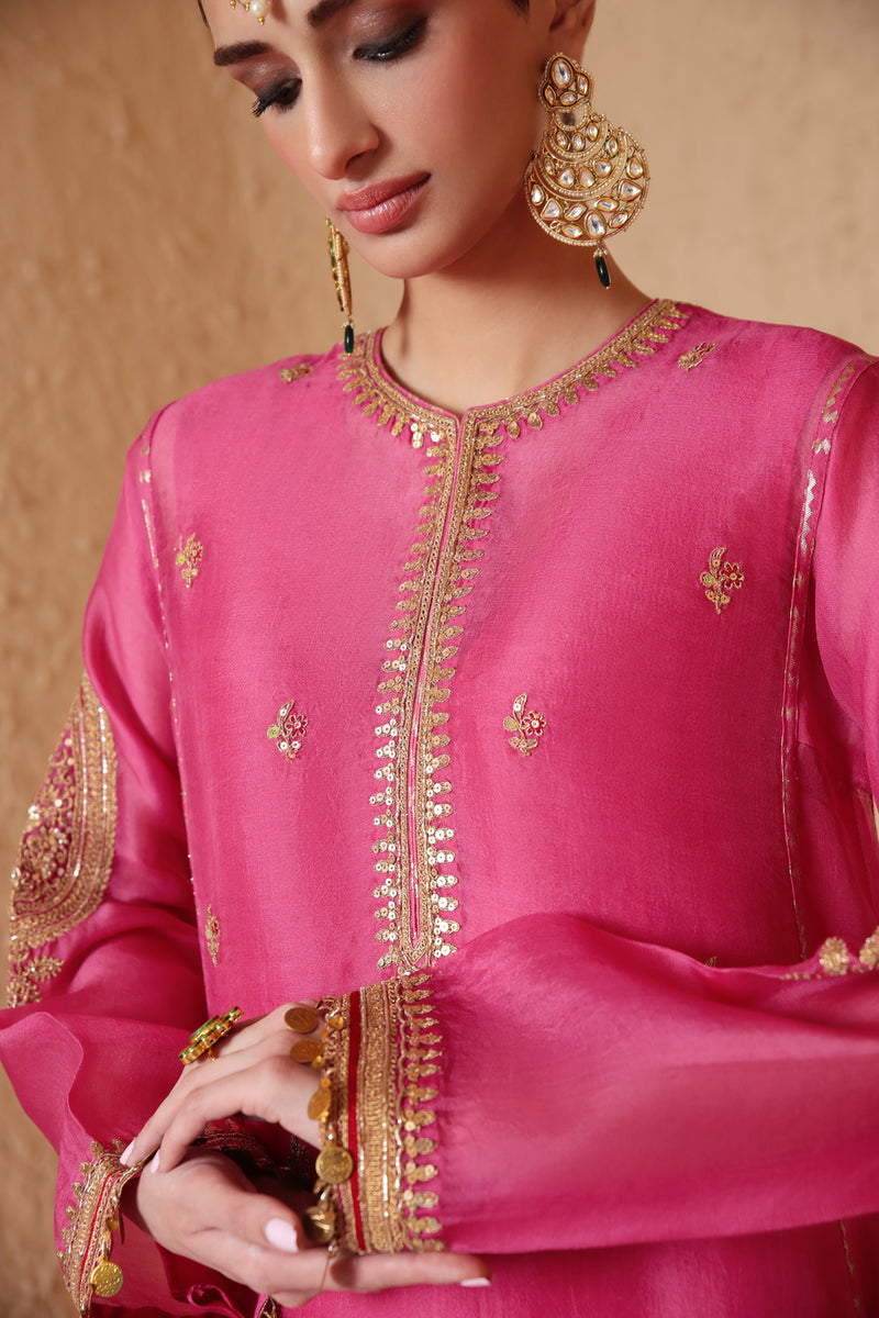 Mehrang Pink Short Pheran Kurta Set organza , silk tencel kurta/kurta set by Niti Bothra in pink for women Worldwide