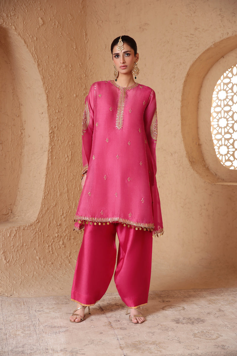 Mehrang Pink Short Pheran Kurta Set organza , silk tencel kurta/kurta set by Niti Bothra in pink for women Worldwide