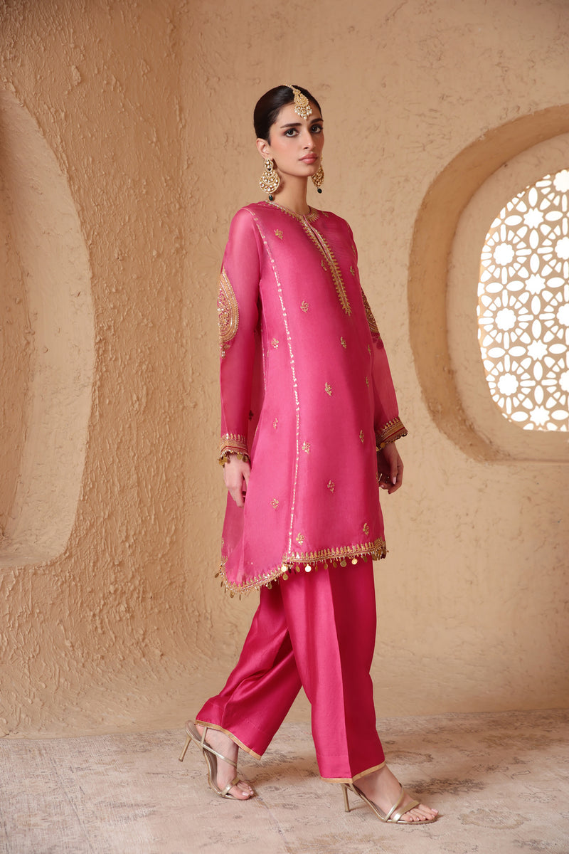 Mehrang Pink Short Pheran Kurta Set organza , silk tencel kurta/kurta set by Niti Bothra in pink for women Worldwide