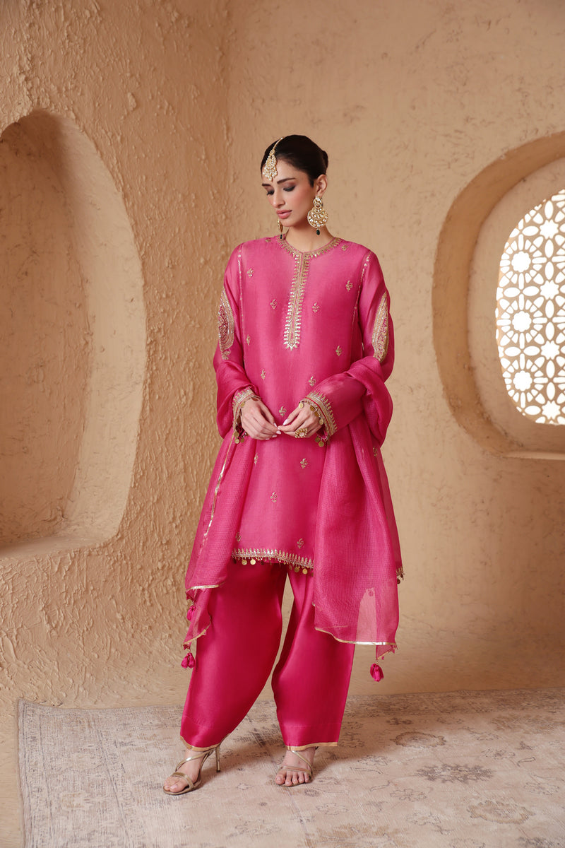 Mehrang Pink Short Pheran Kurta Set organza , silk tencel kurta/kurta set by Niti Bothra in pink for women Worldwide