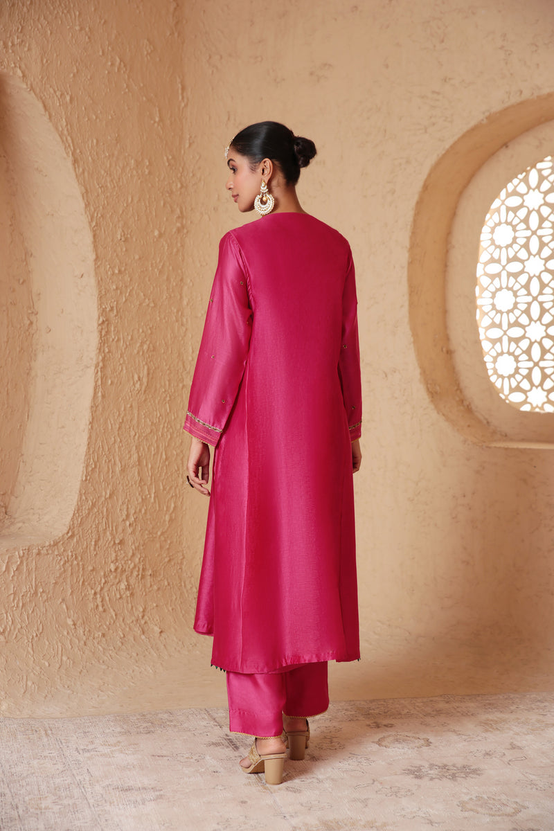 Mehrang Pink Frockstyle Kurta Set silk chanderi , silk tencel kurta/kurta set by Niti Bothra in pink for women Worldwide