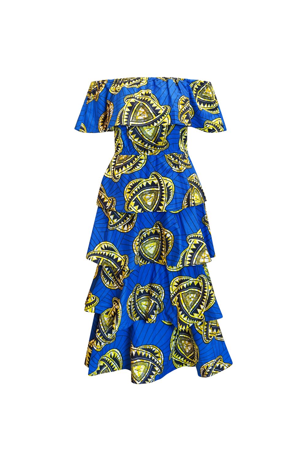 Nneka Off-shoulder Ruffle Tiered Maxi Dress - Blue and Yellow Golden Sapphire African Ankara Wax Cotton Print