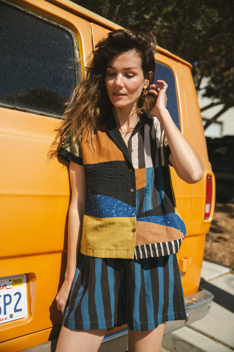 Nocturne Patchwork Shirt-Multicolor cotton by World of Crow in multi color for women Worldwide