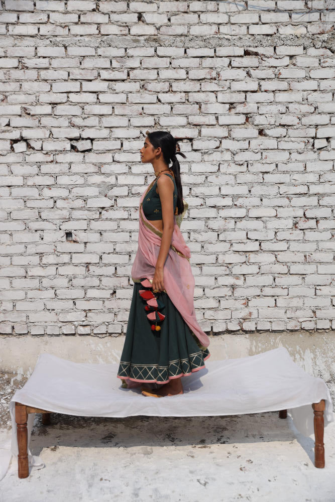 Noor ghagra set cotton Lehenga Sets by Khara Kapas in green for women Worldwide