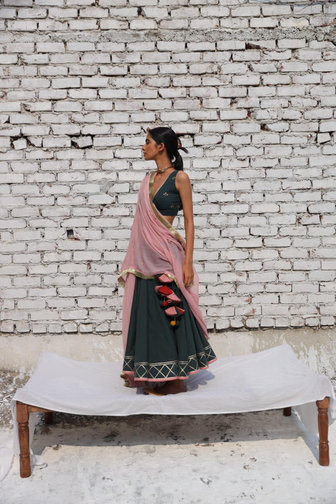 Noor ghagra set cotton Lehenga Sets by Khara Kapas in green for women Worldwide
