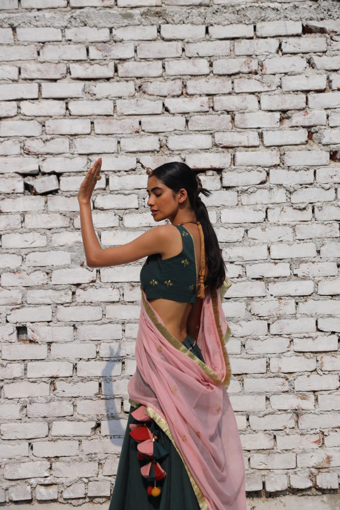 Noor ghagra set cotton Lehenga Sets by Khara Kapas in green for women Worldwide