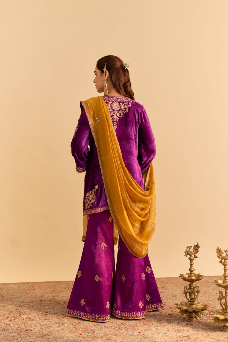 Nooren - Deep Purple Kurta with Flared Palazzo and Dupatta silk by SHEETAL BATRA in purple color for women Worldwide