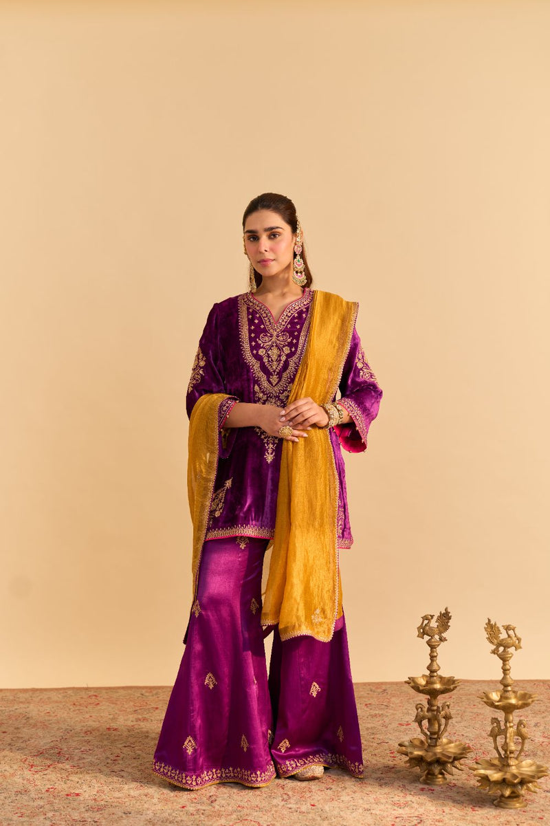 Nooren - Deep Purple Kurta with Flared Palazzo and Dupatta silk by SHEETAL BATRA in purple color for women Worldwide