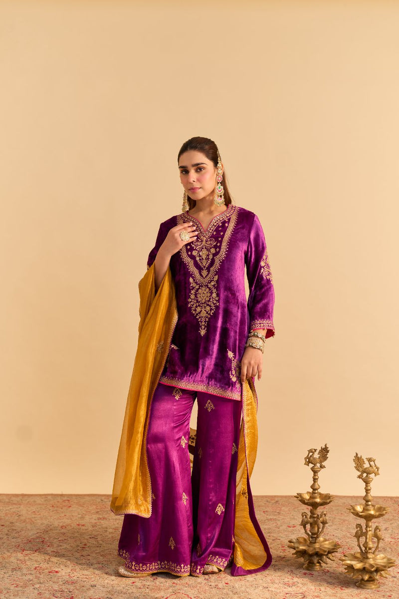 Nooren - Deep Purple Kurta with Flared Palazzo and Dupatta silk by SHEETAL BATRA in purple color for women Worldwide