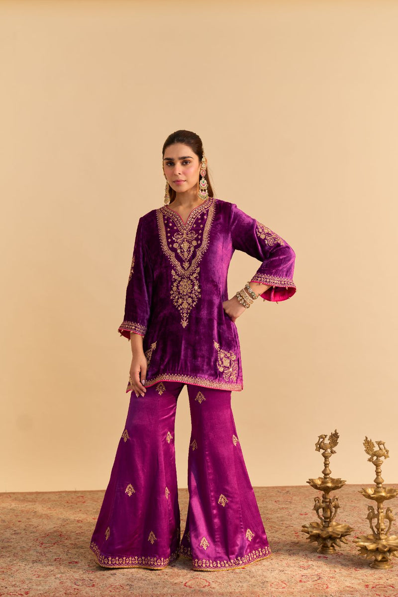 Nooren - Deep Purple Kurta with Flared Palazzo and Dupatta silk by SHEETAL BATRA in purple color for women Worldwide