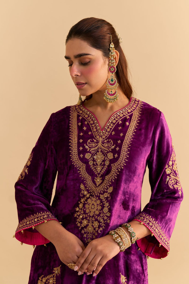 Nooren - Deep Purple Kurta with Flared Palazzo and Dupatta silk by SHEETAL BATRA in purple color for women Worldwide