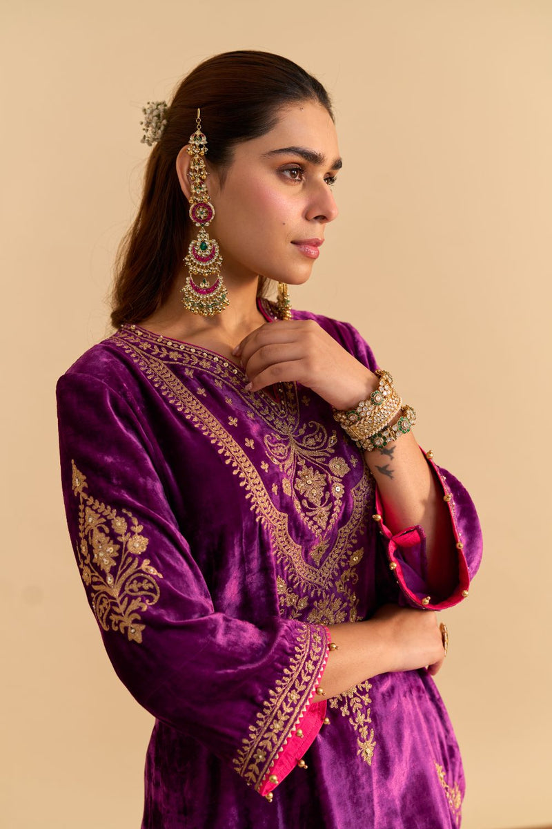Nooren - Deep Purple Kurta with Flared Palazzo and Dupatta silk by SHEETAL BATRA in purple color for women Worldwide