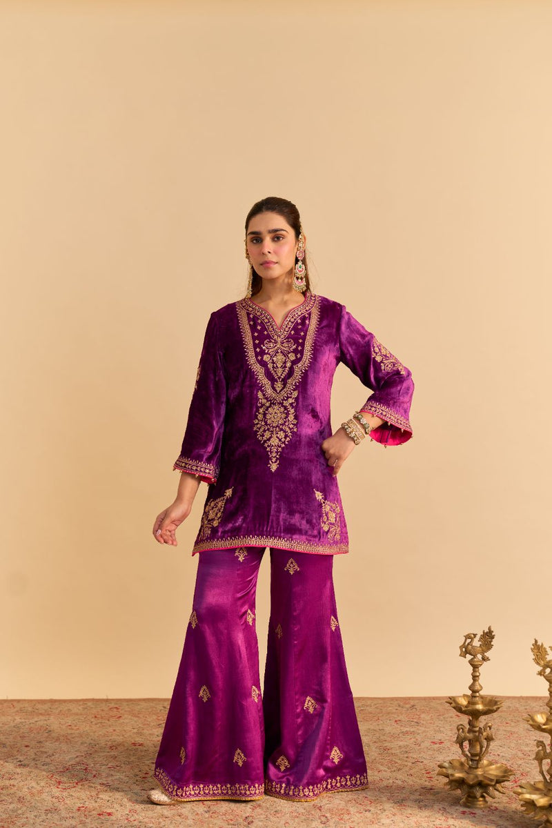Nooren - Deep Purple Kurta with Flared Palazzo and Dupatta silk by SHEETAL BATRA in purple color for women Worldwide