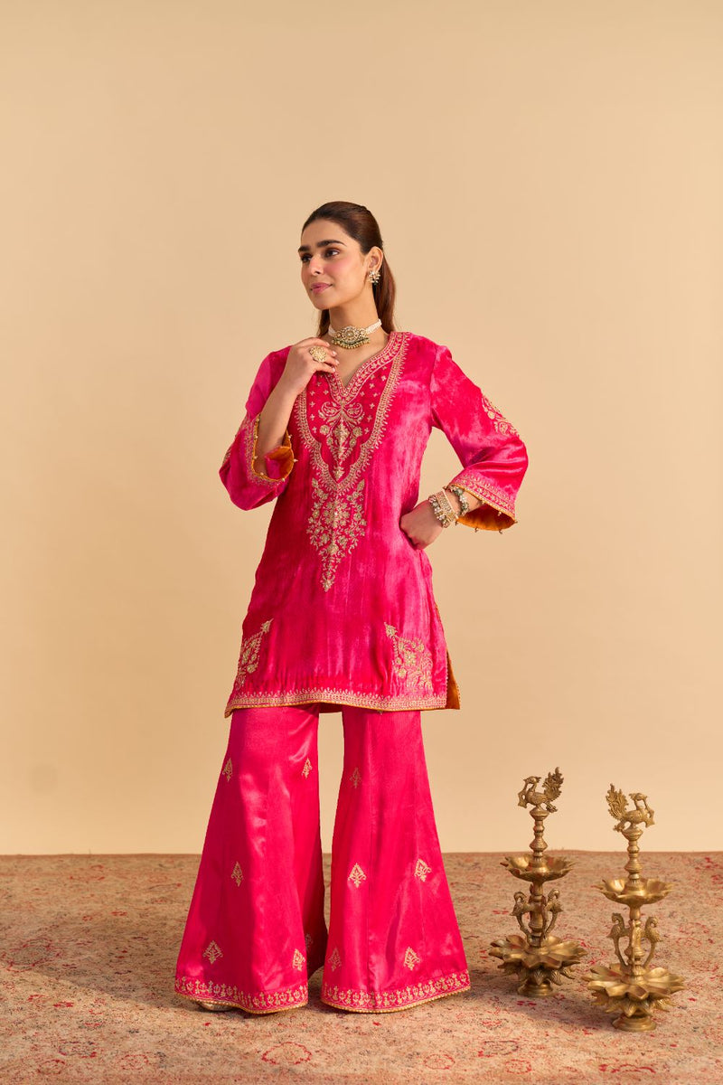 Nooren - Hotpink Kurta with Flared Palazzo and Dupatta silk by SHEETAL BATRA in pink color for women Worldwide