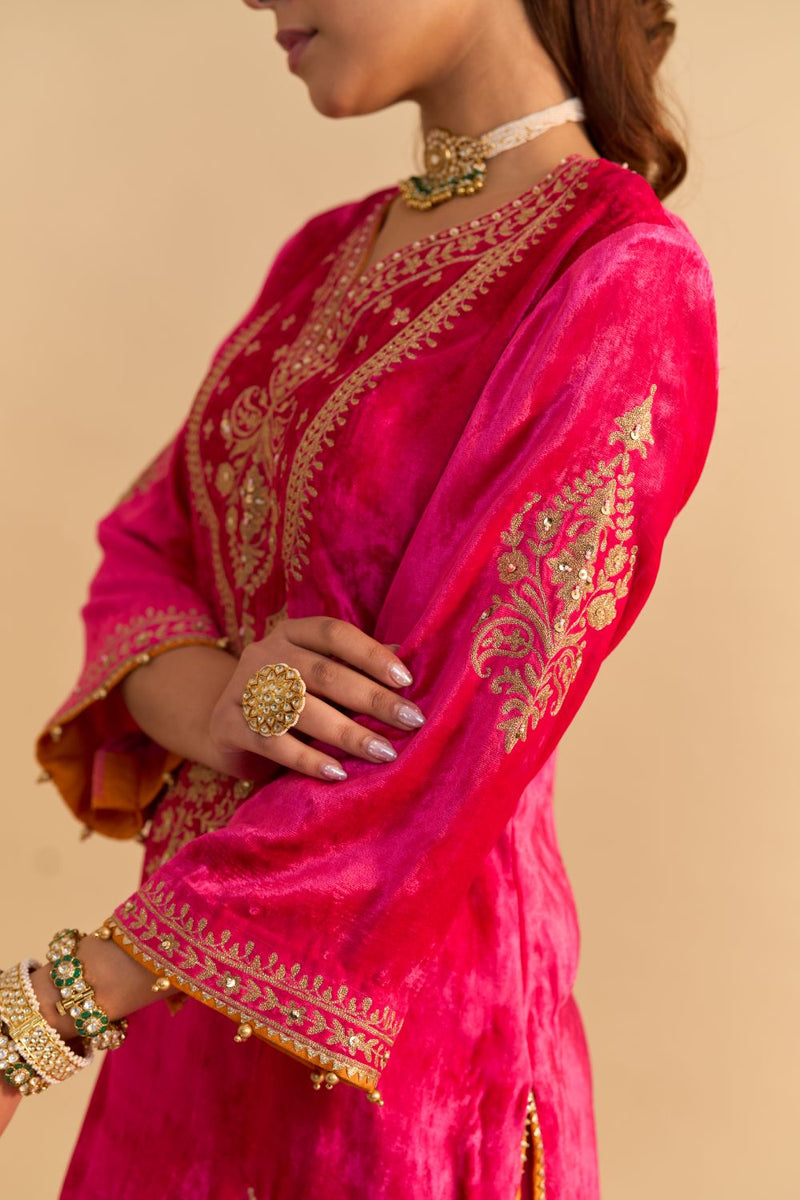 Nooren - Hotpink Kurta with Flared Palazzo and Dupatta silk by SHEETAL BATRA in pink color for women Worldwide